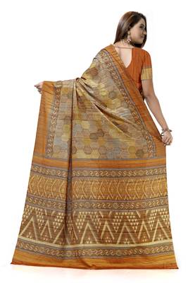 Mustard printed tussar silk saree with blouse 2