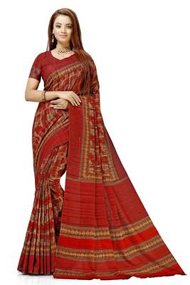 Red printed tussar silk saree with blouse 1