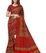 Red printed tussar silk saree with blouse