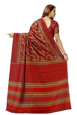 Red printed tussar silk saree with blouse 2