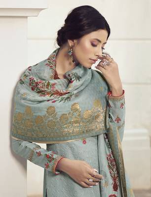 Light Sky Blue Embroidered Tussar Silk Salwar 4
