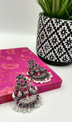Oxidised Silver-Toned Handcrafted Crescent Shaped Chandbalis 3