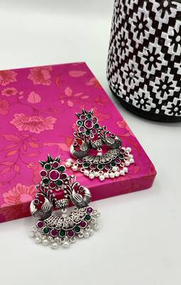 Oxidised Silver-Toned Handcrafted Crescent Shaped Chandbalis 4