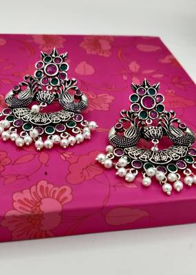 Oxidised Silver-Toned Handcrafted Crescent Shaped Chandbalis 5