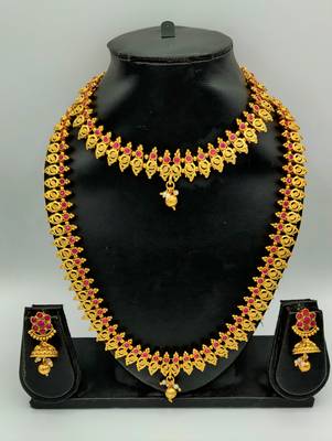 Gold Plated & Red Stone Studed South Indian Traditional Necklace Jewellery Set Combo For Women 3
