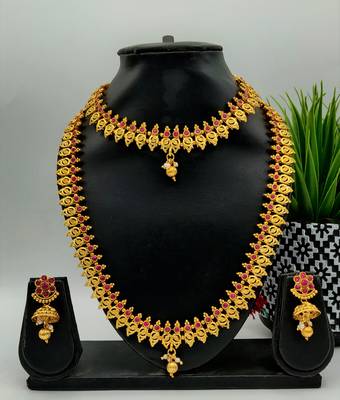 Gold Plated & Red Stone Studed South Indian Traditional Necklace Jewellery Set Combo For Women 1