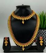 Gold Plated & Red Stone Studed South Indian Traditional Necklace Jewellery Set Combo For Women