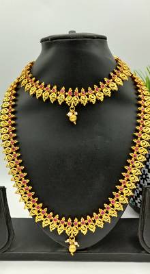 Gold Plated & Red Stone Studed South Indian Traditional Necklace Jewellery Set Combo For Women 4