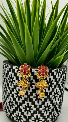 Gold Plated & Red Stone Studed South Indian Traditional Necklace Jewellery Set Combo For Women 6