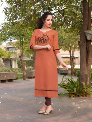 Orange Embroidered Cotton Silk Kurti 1