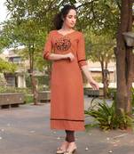 Orange Embroidered Cotton Silk Kurti