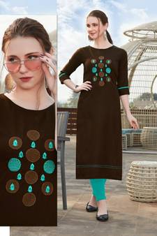 Brown Embroidered Cotton Silk Kurti
