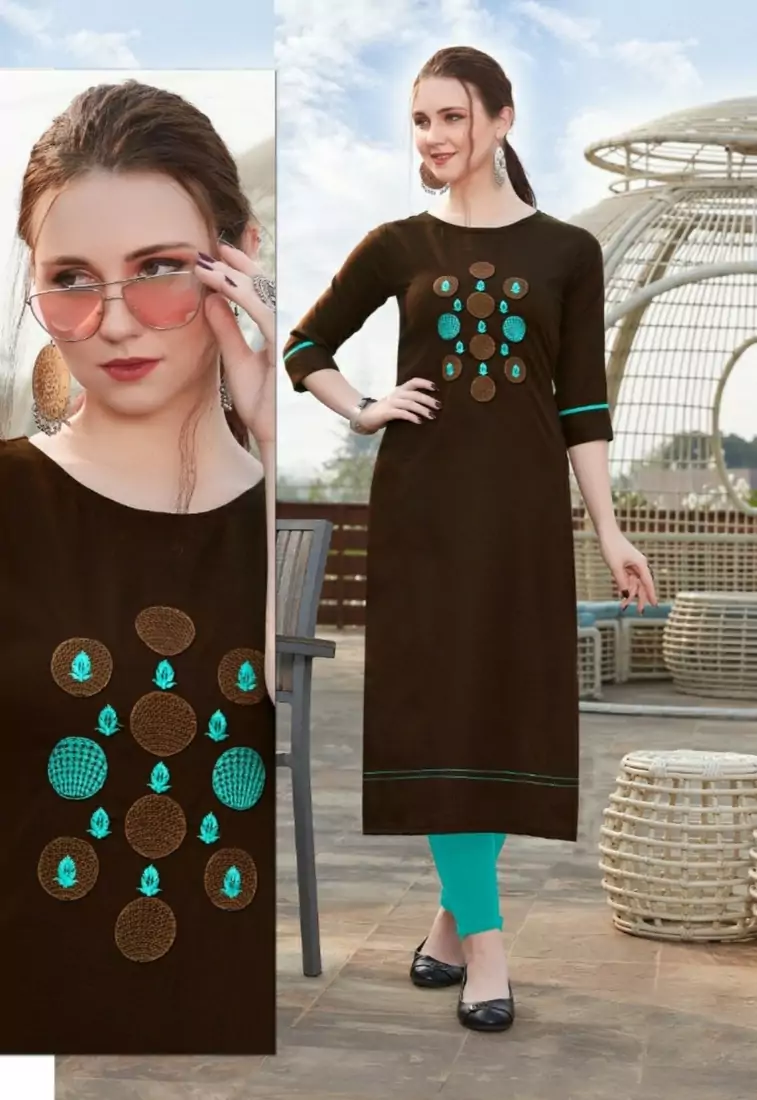 Brown Embroidered Cotton Silk Kurti