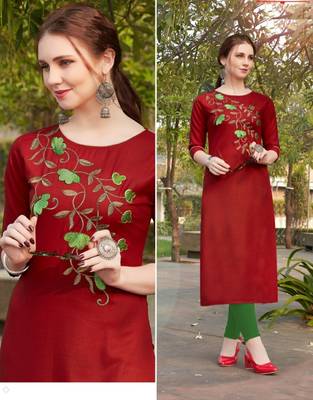 Maroon Embroidered Cotton Silk Kurti 1