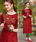 Maroon Embroidered Cotton Silk Kurti