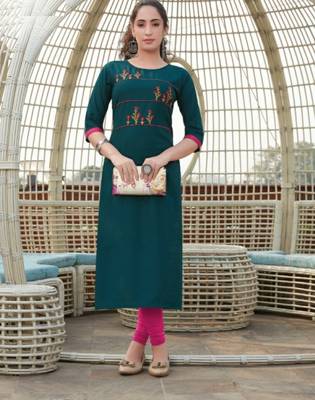 Turquoise Embroidered Cotton Silk Kurti 1