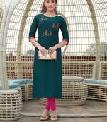 Turquoise Embroidered Cotton Silk Kurti