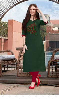 Green Embroidered Cotton Silk Kurti 1