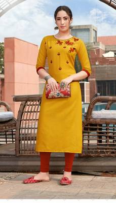 Mustard Embroidered Cotton Silk Kurti 1