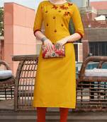Mustard Embroidered Cotton Silk Kurti