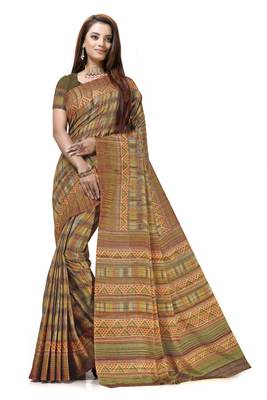 Beige printed tussar silk saree with blouse 1
