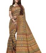 Beige printed tussar silk saree with blouse