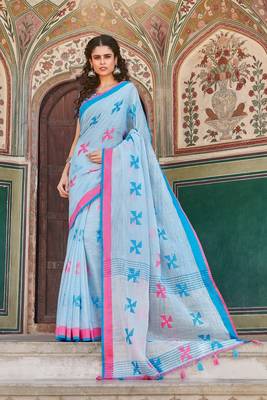 Sky Linen Cotton Embroider Work Indian Wear Saree 1
