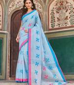 Sky Linen Cotton Embroider Work Indian Wear Saree