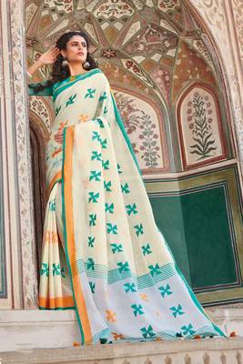 Cream Linen Cotton Embroider Work Indian Wear Saree 1
