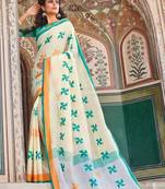 Cream Linen Cotton Embroider Work Indian Wear Saree