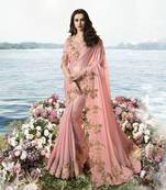 Baby Pink Embroidered Viscose Saree With Blouse