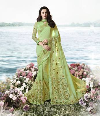Light Green Embroidered Silk Blend Saree 1