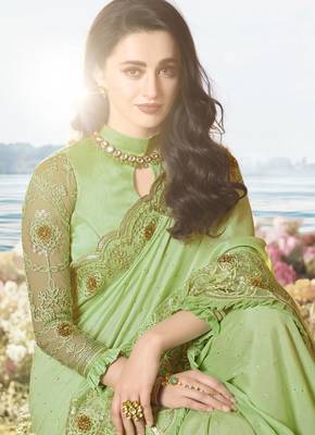 Light Green Embroidered Silk Blend Saree 2