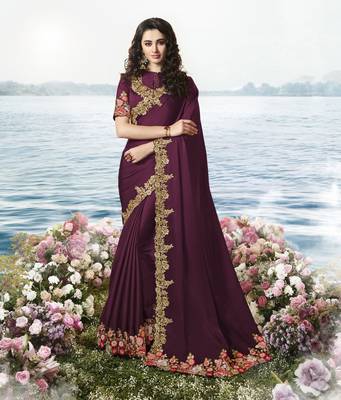 Dark Wine Embroidered Silk Blend Saree 1