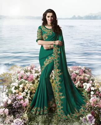 Teal Embroidered Silk Blend Saree 1