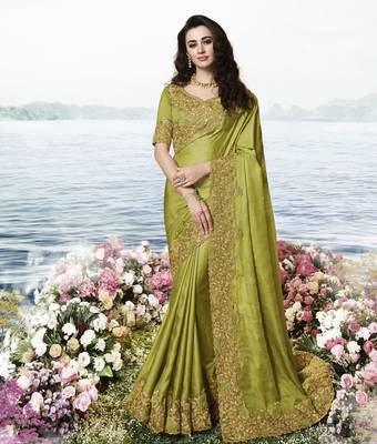 Green Embroidered Silk Blend Saree 1