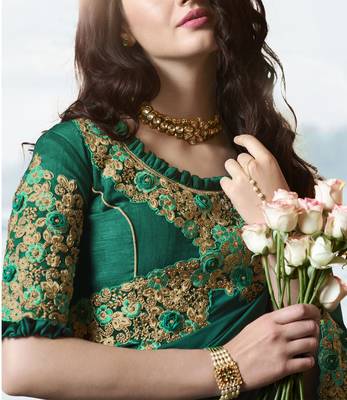 Teal Embroidered Silk Blend Saree 4