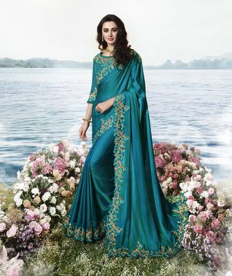 Teal Embroidered Silk Blend Saree 1