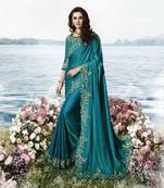 Teal Embroidered Silk Blend Saree