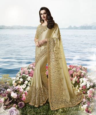 Dark Cream Embroidered Viscose Saree 1