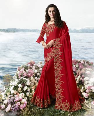 Red Embroidered Silk Blend Saree 1