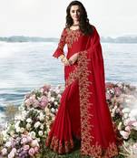 Red Embroidered Silk Blend Saree