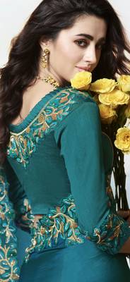 Teal Embroidered Silk Blend Saree 2