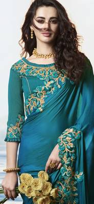 Teal Embroidered Silk Blend Saree 3