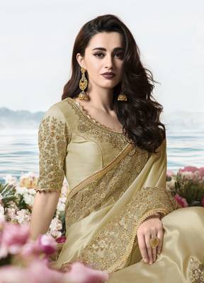 Dark Cream Embroidered Viscose Saree 3