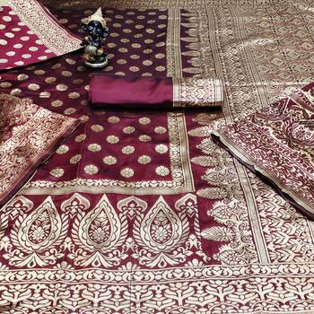 Maroon woven banarasi saree with blouse 1