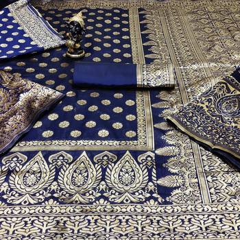 Dark blue woven banarasi saree with blouse 1