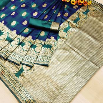 Turquoise woven banarasi saree with blouse 1