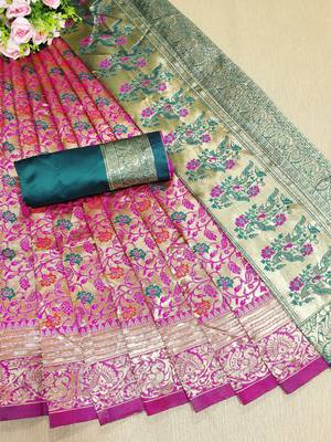 Turquoise woven banarasi saree with blouse 1