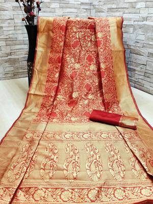 Red woven banarasi saree with blouse 1